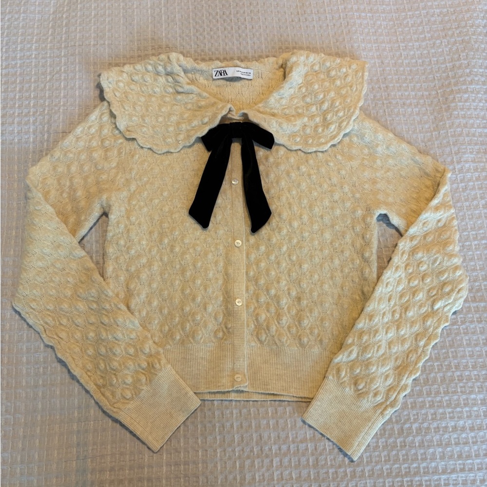 Zara Cream Knit Cardigan with Black Ribbon